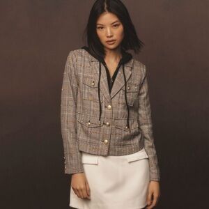 Anthropologie Glen Plaid Tweed Stitch Blazer Jacket Black Combo XXS